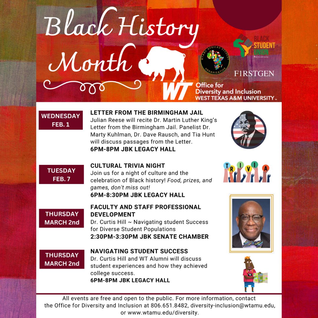 WT_OEC's tweet photo. All events are free and open to the public. For more information, contact 
the Office for Diversity and Inclusion at 806.651.8482, diversity-inclusion@wtamu.edu,
or https://t.co/sBL5XtSXnQ. See you there!! https://t.co/c9wed9AUua