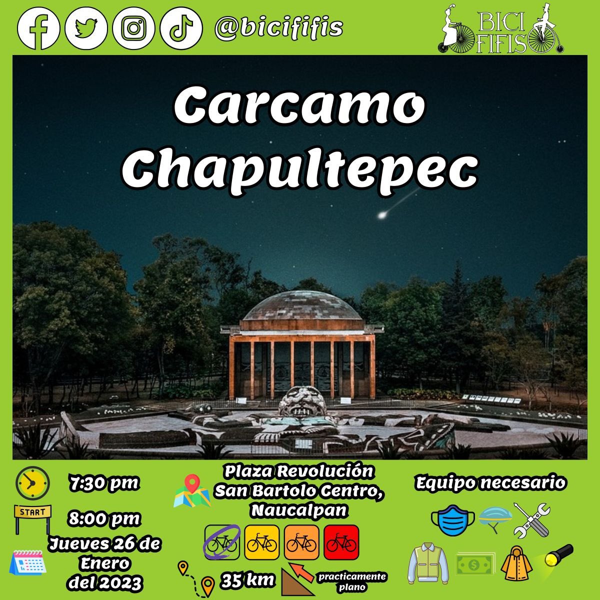 🚴¡Rueda con nosotros! 
@bicififis te invita este jueves 23 de enero al Cárcamo Chapultepec✨
 No importa de que nivel eres, solo debes traer toda la actitud, ah y tu herramienta 😬
Ven con nosotros antes de que te digan “ni le  das…” 
#bicififis #ciclismo #carcamo #chapultepec