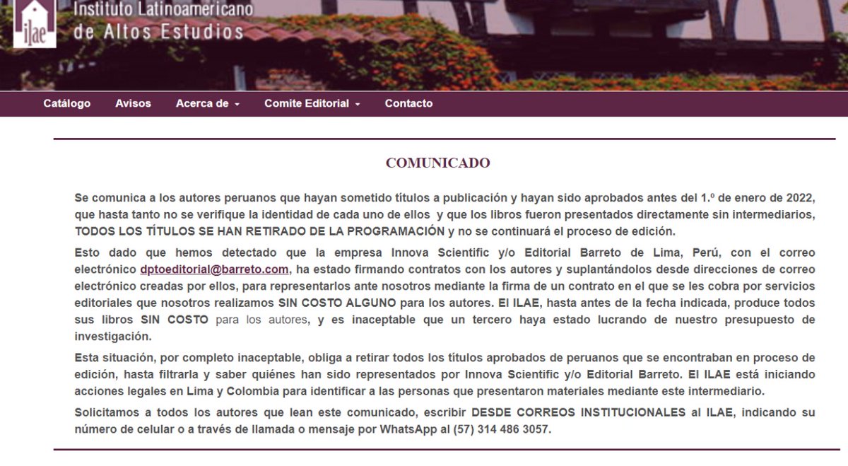 Una editorial colombiana ha detectado un caso típico de "fábrica de manuscritos", por lo que retirarán los títulos de autores peruanos vinculados con Innova Scientific, empresa que cobraba por servicios editoriales que no brindaban
Cc <a href="/ConcytecPeru/">Concytec Perú</a>

libroselectronicos.ilae.edu.co/index.php/ilae