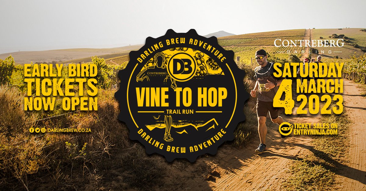 DarlingBrew's tweet photo. #DarlingBrew x #Contreberg: #VineToHop #TrailRun 2023 tickets are OPEN🎟️

Taking place on the 4 March, it features 3 AWESOME routes:

21km - 6:30 | R375 early-bird R320
14km - 6:45 | R275 early-bird R230
7km - 7:00 | R150 early-bird R130

https://t.co/RVte6iyCZw🏃🏾🍇🌾

#VTH2023 https://t.co/5ZoQLSlMj0