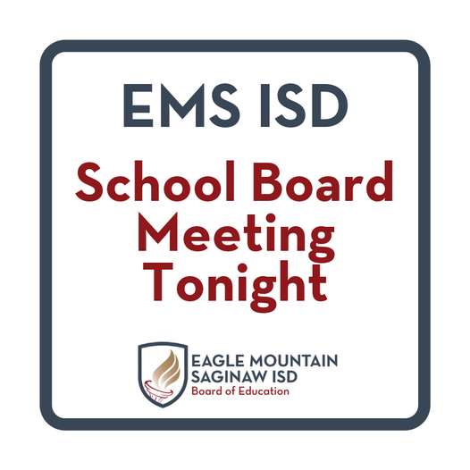 EMS ISD Board Meeting tonight, January 23, 2023. The meeting will take place in the EMS ISD Boardroom, 1600 Mustang Rock Road (behind Marine Creek Middle School). Please use the entrance by the flagpole. The live stream is available here: emsisd.com/boardmeetingli…