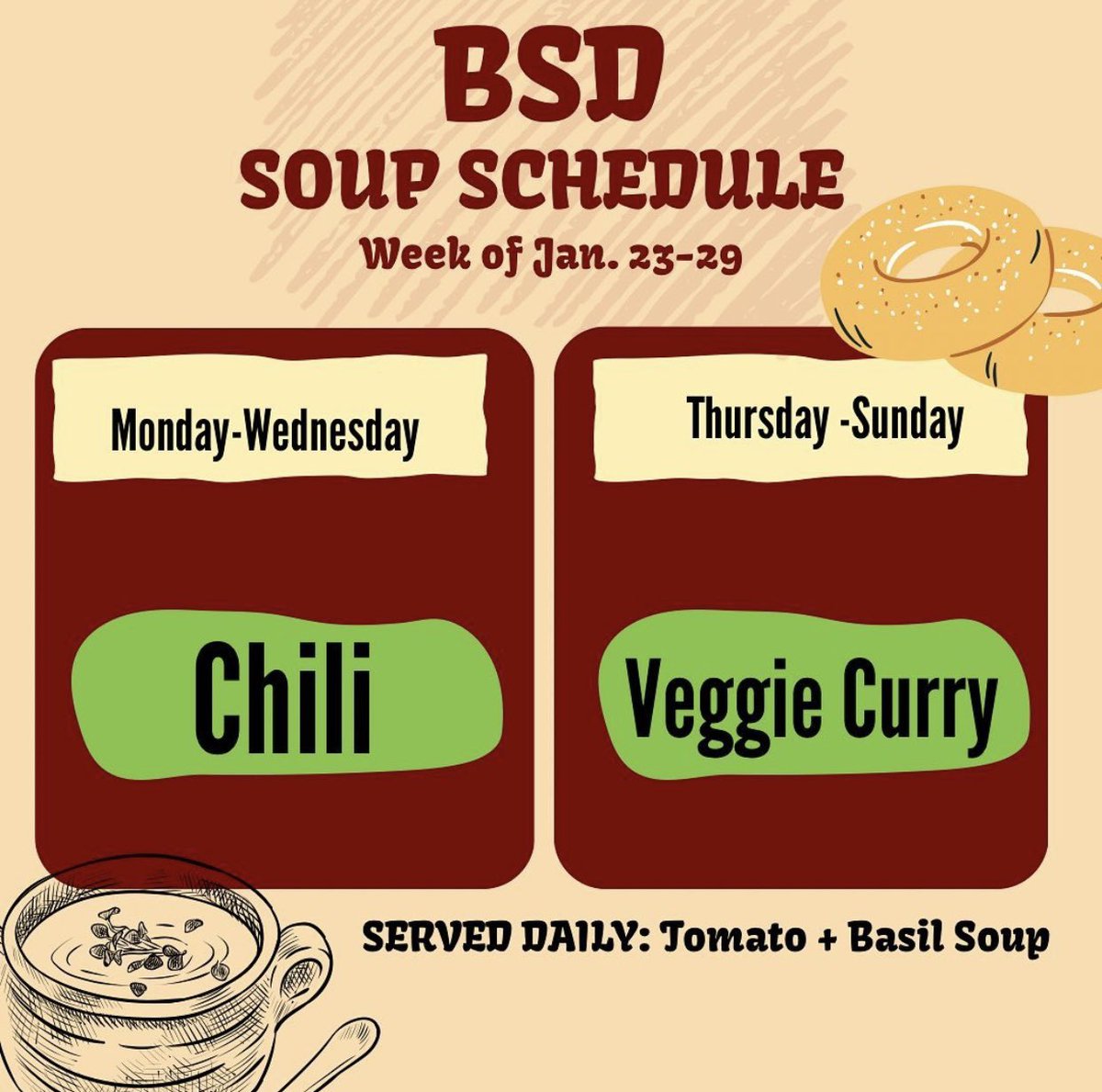 So happy to be back in classes with all of you, Athens bagel lovers!! Here’s this week’s soup schedule to get you back into the swing of things 😋