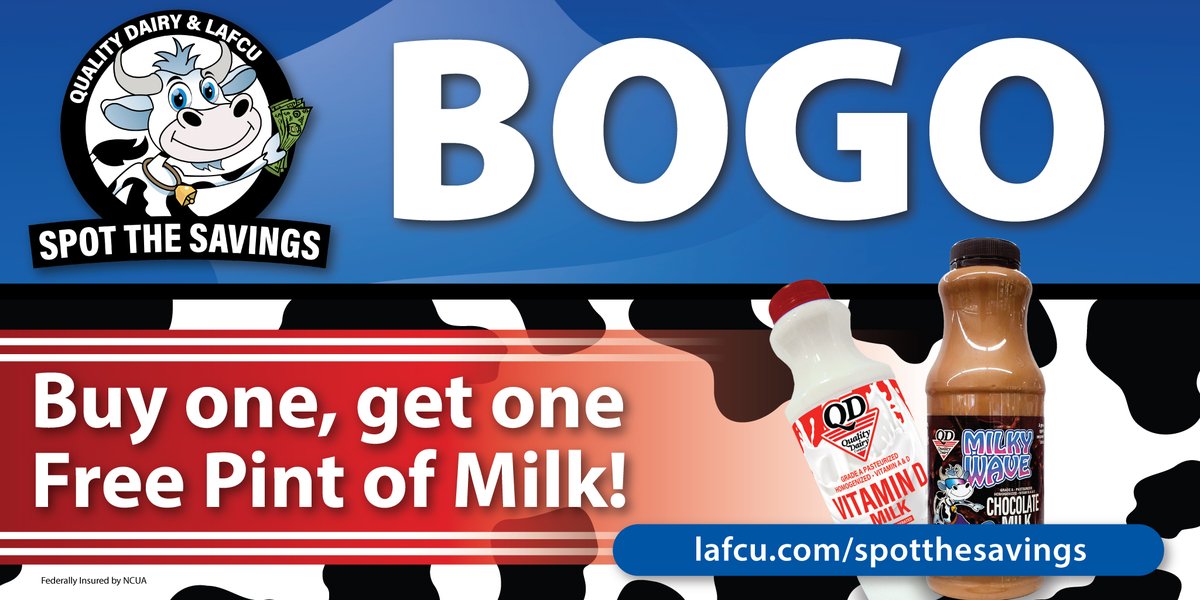 LAFCUMYWAY's tweet photo. BOGO Crazy! Now through February 2 you can buy one pint of milk and get one free when you use the LAFCU ATM at any QD location! (scan the QR code at the end of your transaction for coupon).

Spot the latest QD Savings at: https://t.co/dyX9f7jHa0 https://t.co/vEO3FVxRof