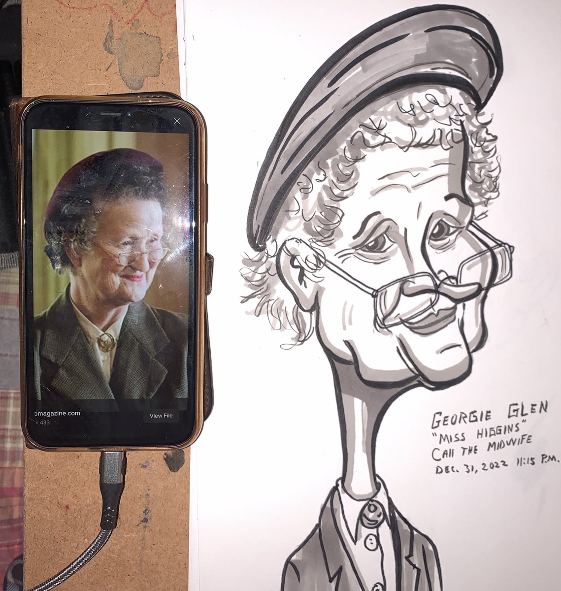 A caricature sketch of Miss Higgins from Call The Midwife the great Georgie Glen. #GeorgieGlen #caricature #sketch #MissHiggins #CallTheMidwife #BritishTV