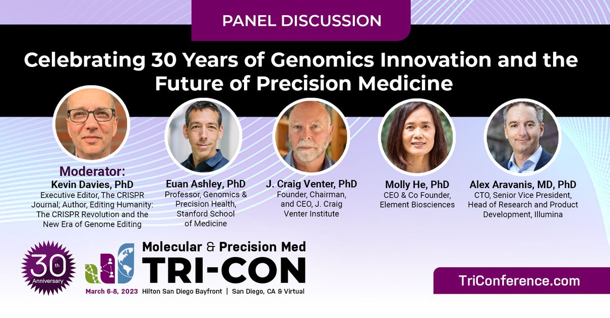 Register today and help us celebrate the 30th Annual Molecular & Precision Med TRI-CON. Hear featured Keynote, J. Craig Venter, PhD, Founder, Chairman, and CEO, J. Craig Venter Institute Don't miss the following panel discussion #TRICON, #Precisionhealth, #Diagnostics