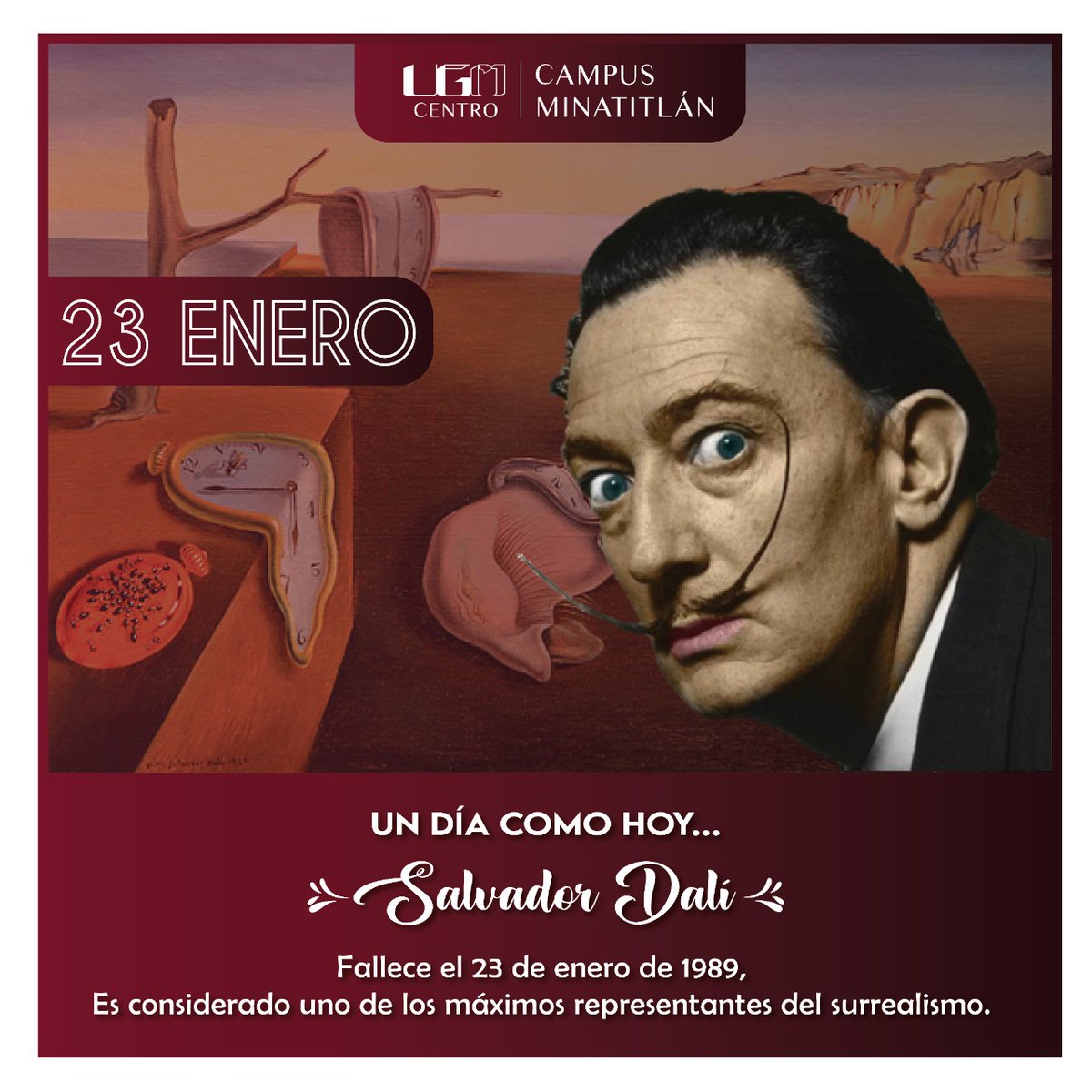 UgmMinainfo's tweet photo. #Undíacomohoy pero de 1989, fallece Salvador Dalí, uno de los máximos representantes del surrealismo.

#UGMCentro #UGMMinatitlán #Cultura #historia https://t.co/BcYmAy4u83