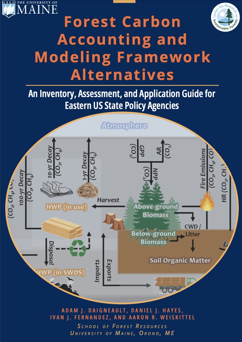The <a href="/UMaine/">University of Maine</a> School of Forest Resources' newly-released report in collaboration with the FCCP Forest Carbon Data and Modeling Integration and Evaluation Project highlights 1) a forest carbon modeling analysis and 2) a carbon modeling decision resource. bit.ly/3w4l12m