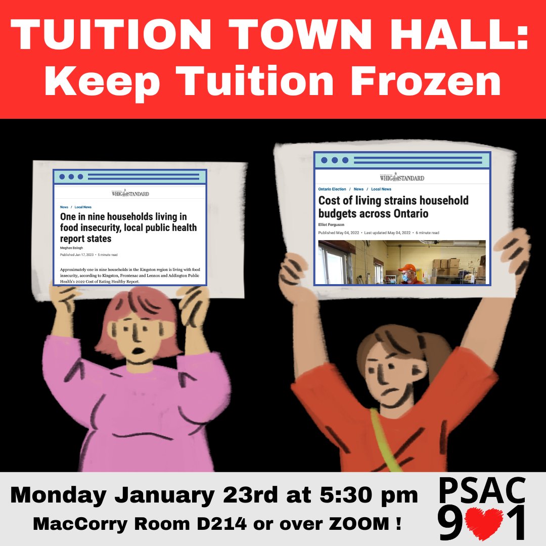 PSAC901's tweet photo. Towne Hall tonight!! @QueensPrincipal sent his regrets ... he won't be attending. What he doesn't seem to care about is the economic realities of graduate student workers ... read his reply here https://t.co/S6Te6HdrAd
#ValueOurWork #psac901 #QueensU https://t.co/MZ6qUwiToY