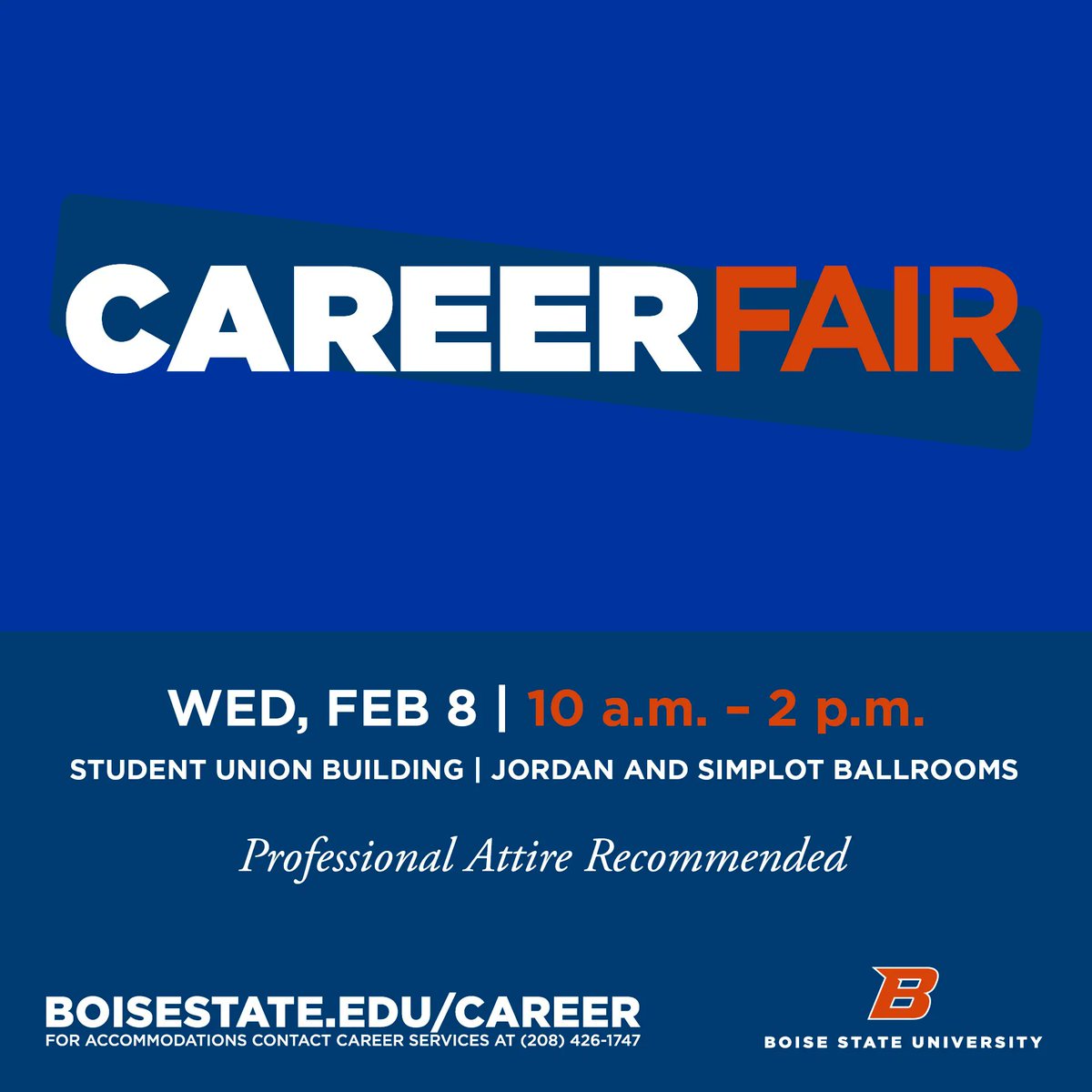 The spring Boise State Career Fair is coming, and it's going to be a big one! 150+ employers will be coming to campus to meet you on February 8 from 10am - 2pm. We'll be in both the Jordan and Simplot ballrooms again this semester. #BoiseStateCareerFair #BeyondBoiseState