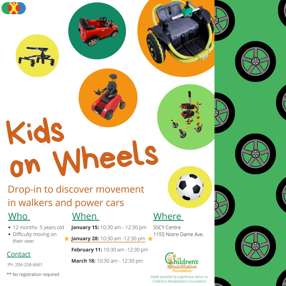 RCC_MB's tweet photo. The next Kids on Wheels drop-in event will be happening on Saturday January 28th between 10:30-12:30. Come discover movement in walkers and power cars!

No registration required. If you have questions please call 204-258-6661 https://t.co/up1w552v4p