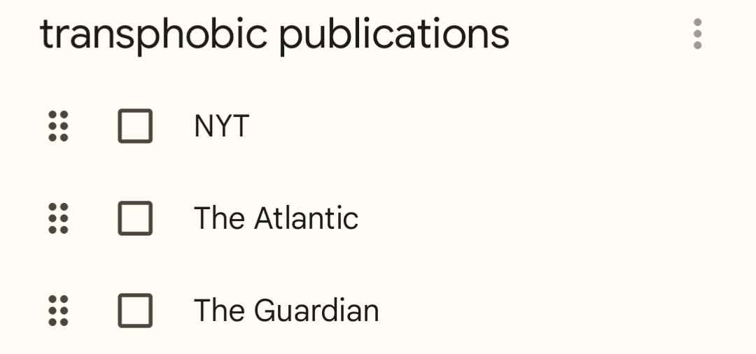 my short but unfortunately growing list of publications that are on my shit list for being t*rfy and otherwise transphobic. lemme know if I'm missing