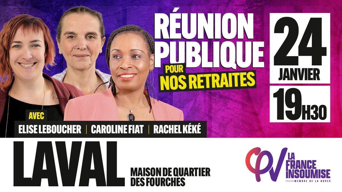 CarolineFiat54's tweet photo. 📆 RAPPEL !

Je vous retrouve ce mardi 24 janvier dès 19h30 pour une réunion publique sur la #RéformeDesRetraites à #Laval, avec @KekeRachel et @leboucher_elise, députées insoumises ! ✊

👉 Pour rejoindre l’évènement : https://t.co/zxfQc7IbZl https://t.co/nufuObjQoJ