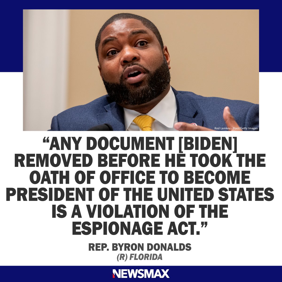 NEWSMAX's tweet photo. Florida Rep. Byron Donalds tells NEWSMAX his take on the Biden document scandal. https://t.co/VQ1ExE36za https://t.co/uf9uZ1mLVW