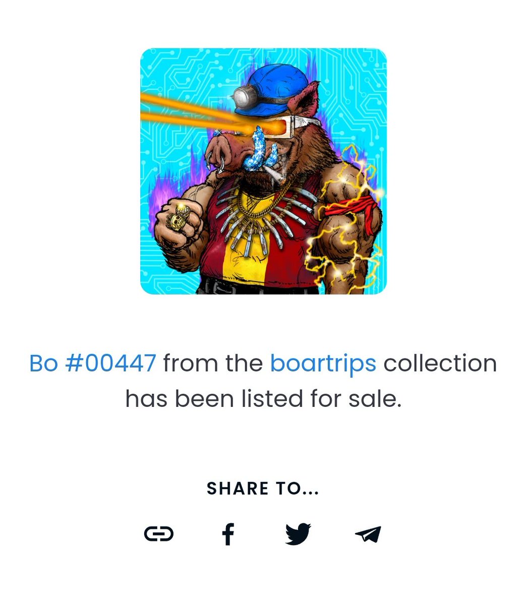 By NFTStrips 🤜🤛 🐗

BOARTRIPS!!! HANDMADE. 
#token - Erc 1155. Quantity max in gallery 10000 units.

👌👌 Let's go!

#NFTs  #nftopensea #NFTspace #shibadoge 🤝
#NFTGiveaway #NFTCommunity #NFTCollection  #OpenSeaNFT #OpenSeaCommunity  #NFTdrop #Ethereum  #NFTGiveaway #Metaverse
