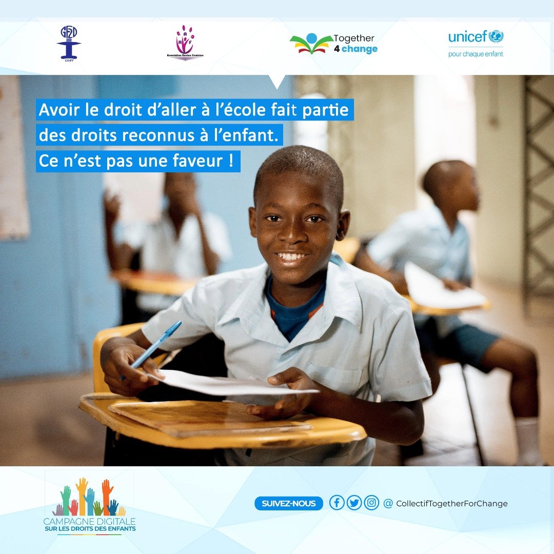 Inscrire un enfant à l'école, c'est lui faire jour d’un des droits fondamentaux qui lui sont reconnus par le code de l’enfant au Togo: le droit à la scolarisation.

#UnicefTogo
#CollectifT4C
#GF2D
#AssociationRacineFeminine
#ConnaitreMesDroits
#RéussirEnsemble
#PourChaqueEnfant