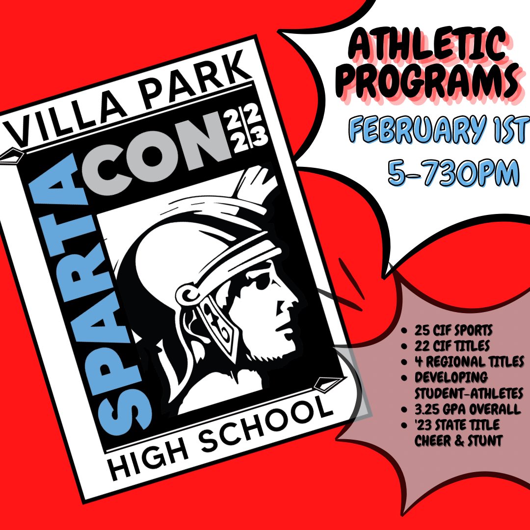 VPSpartan's tweet photo. #spartacon is coming Wed. Feb 1 to showcase the our excellent academic, athletic, and extracurricular programs! We'll have special performances, parent presentations, and food trucks for refreshments! Join the Spartan familyπ @OrangeUnifiedCA @AndOusd @VPHS_PFSO @VPHSathletics https://t.co/OePmij47sh
