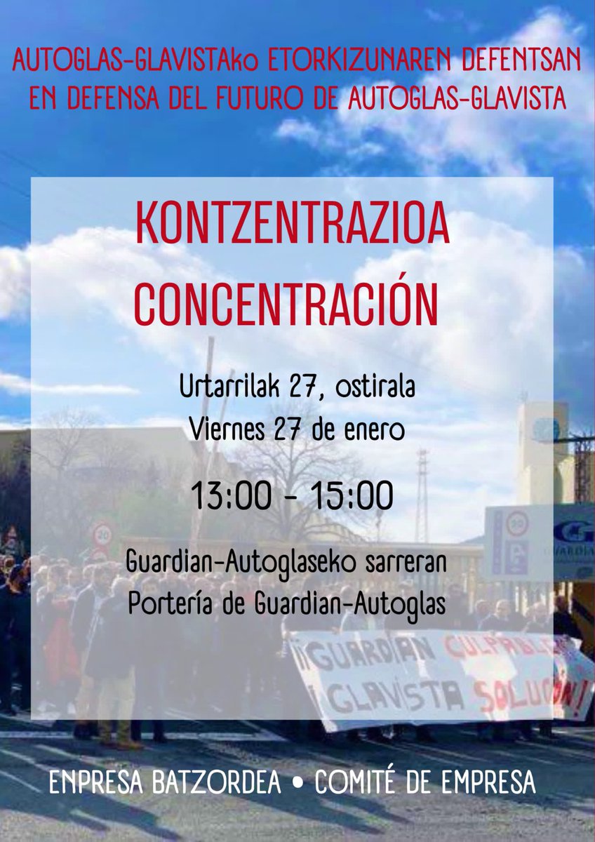 Autoglas_ELA's tweet photo. 🚨SEMANA 23 DE ENERO🚨 

👇🏼👇🏼

📅 Miércoles 25, reunión con el alcalde de Laudio.

📅 Viernes 27, concentración en la porteria de Guardian - Autoglas en defensa del futuro de Glavista.
De 13.00h a 15.00h

📅 Por confirmar aún, reunión con dirección y Parter Capital esta semana. https://t.co/PX4LTWS0UX
