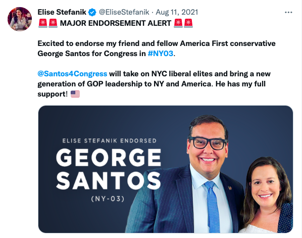 ProjectLincoln's tweet photo. Without the strong endorsement of @EliseStefanik, conman @Santos4Congress would not be in Congress. She bears full responsibility for him. She'll try to wash her hands of all this, but she can't. https://t.co/joX8EXBZs7
