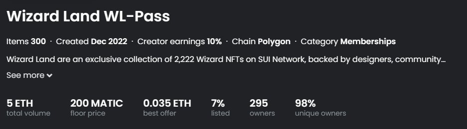 Just 3 days ago announced about the WL-Pass WizardLand price increase. 🚀
Now it has touched the floor price of 200 Matic!🔥

WL-Pass is a special membership from WizardLand to get an instant White List that is used for Mint Wizard Land on SUI during Mainnet.  🧙‍♂️🪄