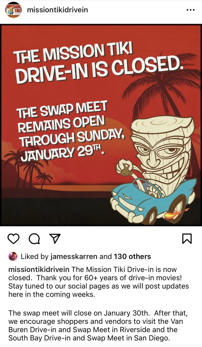 driveindoc's tweet photo. With no fanfare, the Mission Tiki Drive-in in Montclair, CA (Los Angeles area) closed forever last night. Opened in 1956 as a single screen. @MissionTiki @missiontikidi @Official_LAHTF @adampcray @Lilfilm @movie_theaters #drivein @_charlesphoenix @ThatChrisGore @ChrisNicholsLA https://t.co/XUxMLeQ4Vd