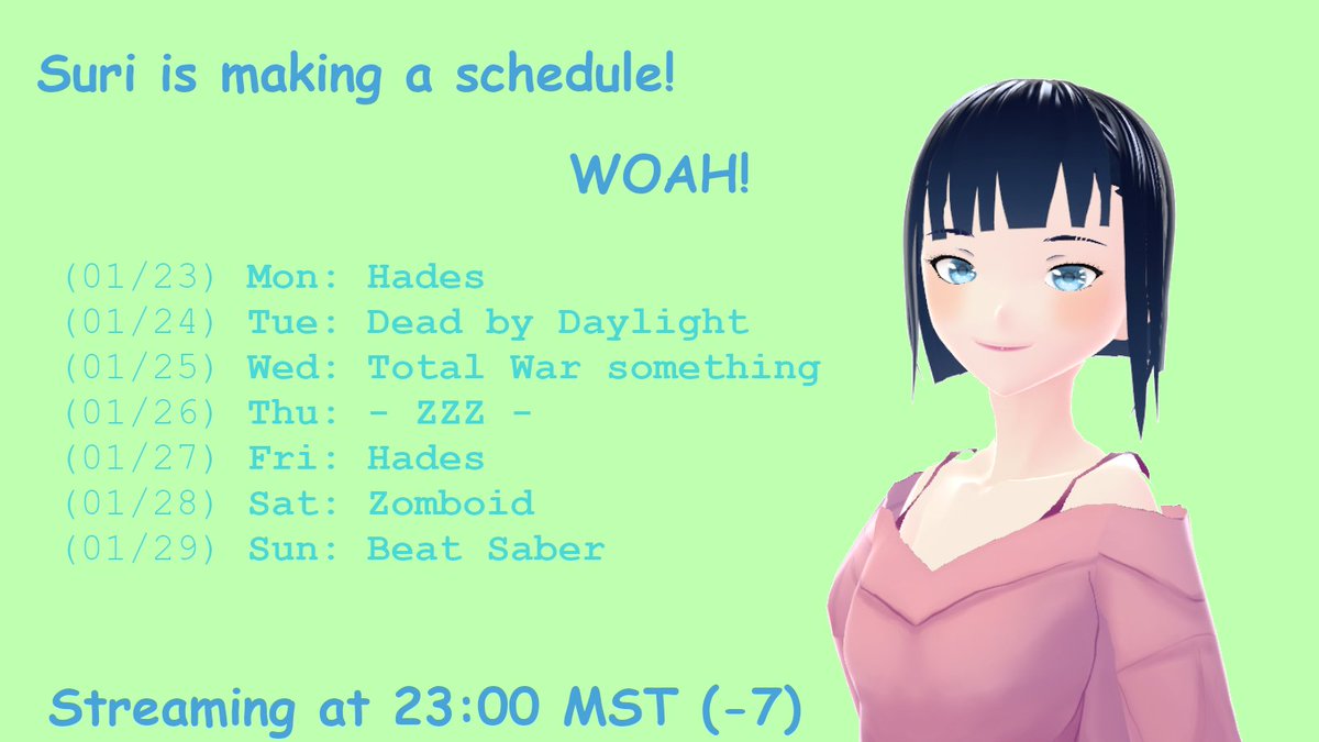 _Suribei_'s tweet photo. I am doing the unthinkable, and making a stream schedule for the week. It's very artistic.
#VTuberEN #Vtuber https://t.co/yT0pnDmOt9