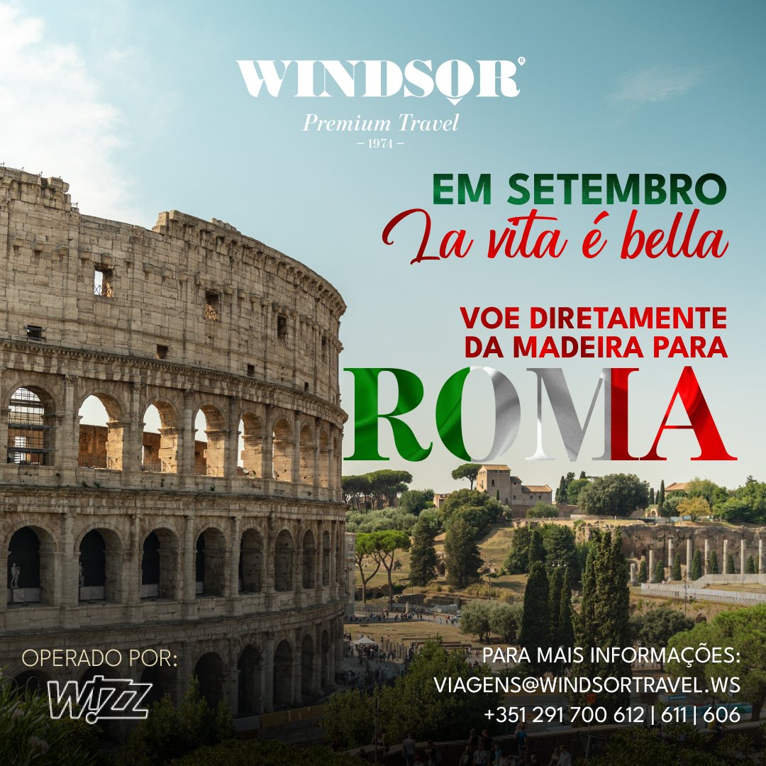 windsortravelgroup (@travelwindsor) on Twitter photo Em Setembro,
La vita é bella! 🤌
Viaje a partir de dia 6 de setembro para a magnífica cidade de Roma. Podemos marcar a sua viagem? ✈
Para mais informações:
viagens@windsortravel.ws
+351 291 700 600 / 611 / 612 / 606 Em Setembro,
La vita é bella! 🤌
Viaje a partir de dia 6 de setembro para a magnífica cidade de Roma. Podemos marcar a sua viagem? ✈
Para mais informações:
viagens@windsortravel.ws
+351 291 700 600 / 611 / 612 / 606