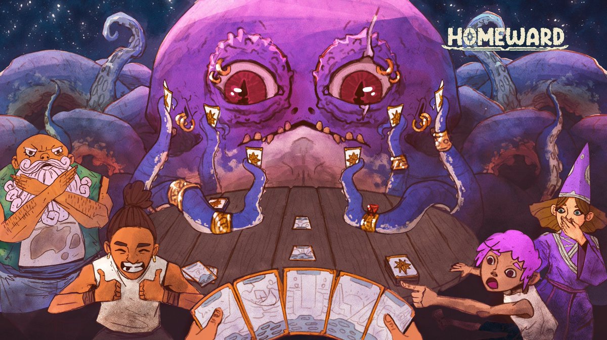 360DevLab1's tweet image. Dueling with a giant octopus can be so much more fun than you think.  This concept art shows how a dueling interaction could be in Homeward🎲🚤#indiegame #cozygame #conceptart #wholesome #gaming