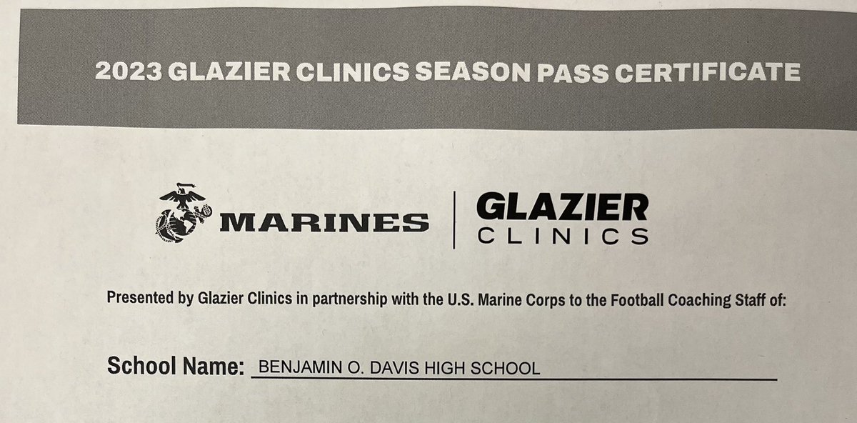 A BIG thank you to the United States Marine Corps for the 2023 Glazier Clinics Season Pass. GySgt Flores and GySgt York were at Davis to present our coaches with the season pass. We appreciate ur service and the season pass.