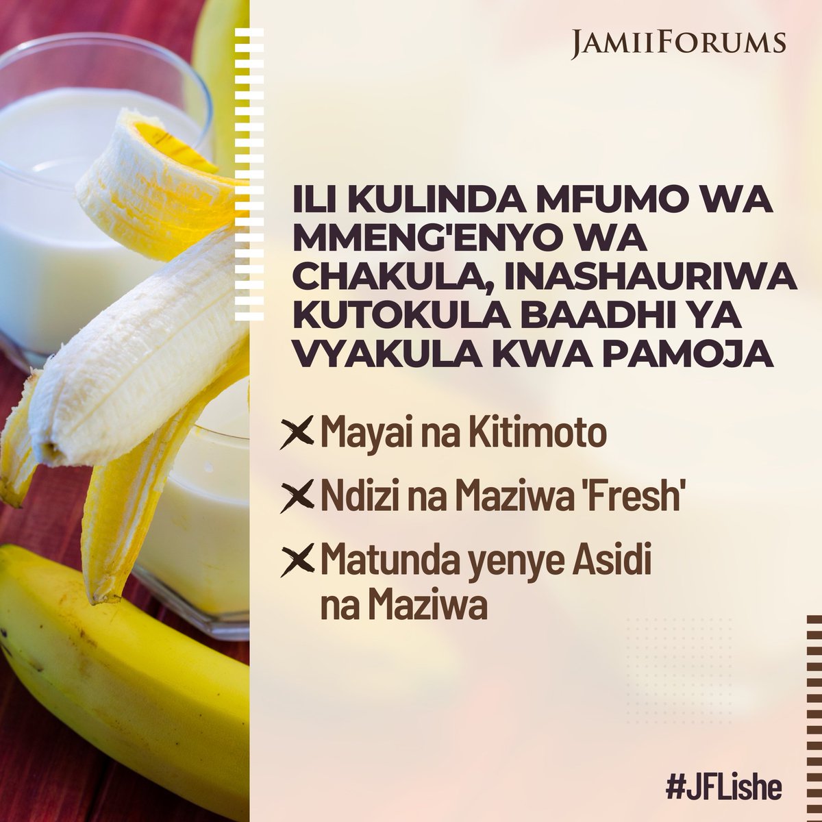 JamiiForums's tweet photo. Wataalamu wa Lishe wanashauri kutokula #Mayai na #Kitimoto kwa pamoja kutokana na kuwa na wingi wa Protini ambayo husababisha Tumbo kutumia muda mrefu kumeng'enya Chakula
Soma https://t.co/TWkUyra7B8
#JFLishe #PublicHealth https://t.co/o2EvJY2teU