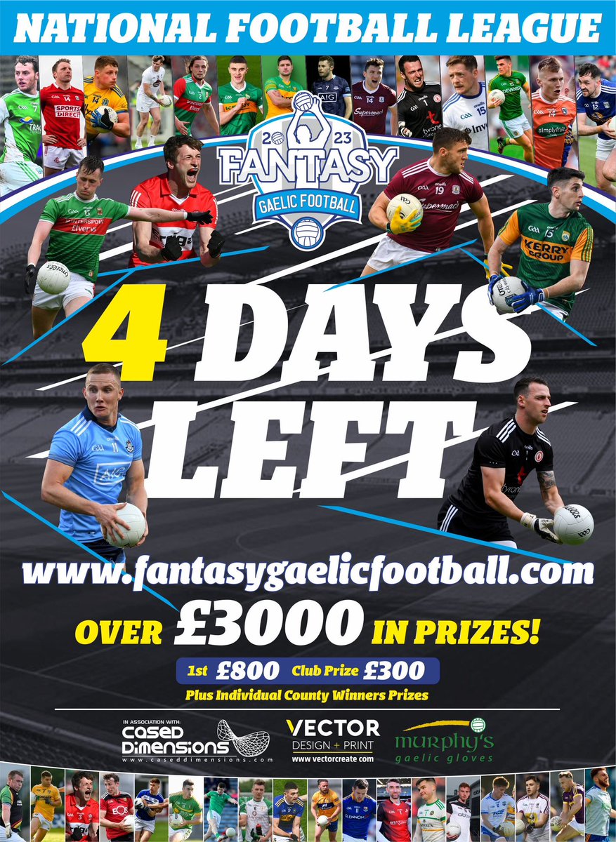 FantasyGaelicFB's tweet photo. 4 days left to enter! #FGF22
McKenna cup over
O’Byrne cup over
FBD League over
McGrath Cup over
It’s now time! 💪
✅We are now open for entries, log onto https://t.co/A7sUSSANN8
📲Reg now, UNLIMITED transfers until Sat 28th Jan https://t.co/NZnWTn8wUF