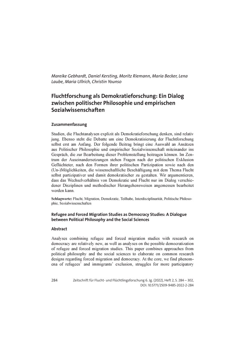 ZFlucht's tweet photo. Forumsbeitrag in der neuen Ausgabe der @ZFlucht "Fluchtforschung als Demokratieforschung: Ein Dialog zwischen politischer Philosophie und empirischen Sozialwissenschaften" von M. Gebhardt/D. Kersting/M. Riemann/M. Becker/L. Laube/M. Ullrich &amp; C. Younso. 
https://t.co/6WA4nbPsCD https://t.co/NqN3KJJiqR