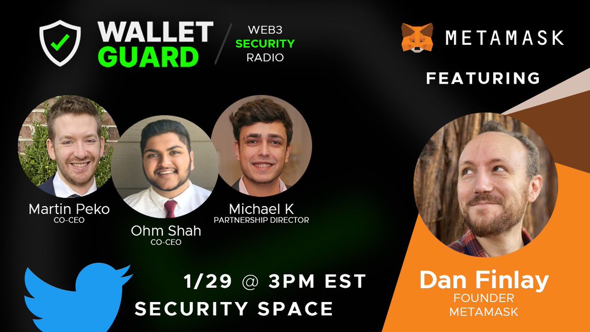 We will be speaking with <a href="/danfinlay/">Dan FinIay</a> from <a href="/MetaMask/">MetaMask 🦊</a> in episode 29 of the <a href="/wallet_guard/">Wallet Guard</a> weekly web3 security radio on 1/29 @ 3pm est🔒

be sure to join us as we focus on security in the space &amp; how to best manage your wallet hygiene 🛡️

set your reminders 🔔
x.com/i/spaces/1YqJD…