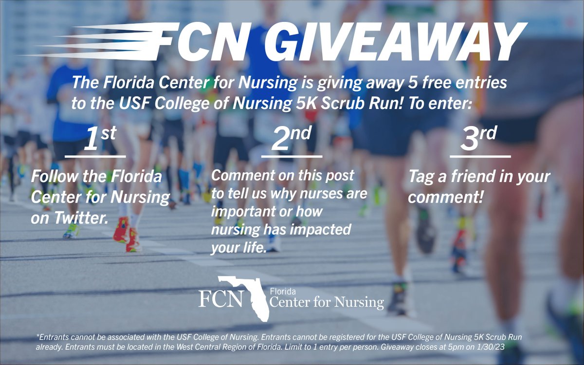 *GIVEAWAY*

The Florida Center for Nursing is a proud partner of the <a href="/USFHealthNurse/">USF Health Nursing</a> Scrub Run 5K.

We have 5 FREE Scrub Run registrations and we want to GIVE THEM TO YOU! 

Enter to win by following the steps listed below!

*Limit to 1 entry per person. See restrictions.