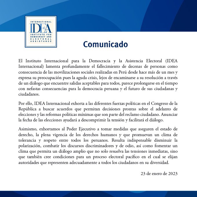 IDEA_int_Peru's tweet photo. Ante la crisis social y política actual en el Perú, @IDEA_int_Peru comunica lo siguiente: https://t.co/ZGv2PgWiMF