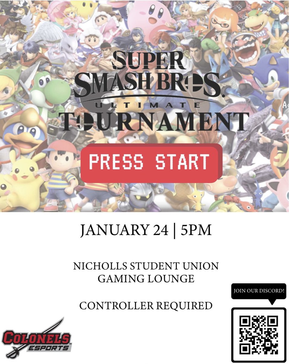 NichollsRec's tweet photo. We're partnering with E-sports for a Smash Bros Tournament! Be there! https://t.co/LsVecaaHdC