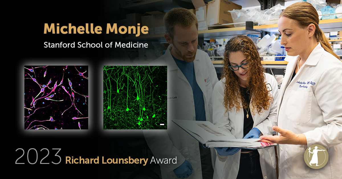 Congratulations to @michelle_monje of @Stanford @StanfordMed winner of the 2023 @theNASciences Richard Lounsbery Award for advancing understanding of pediatric brain cancers and the neurological effects of cancer treatments! #NASaward #medicine #HHMI