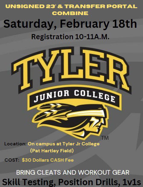 TJCFOOTBALL's tweet photo. “All I need is an opportunity” 

Opportunity awaits… February 18th we will have our combine for unsigned 23’ prospects and transfers.  

Underclassman can come put their name on the radar as well! 

30$ cash fee, bring cleats and workout gear https://t.co/J69TaoBA0K