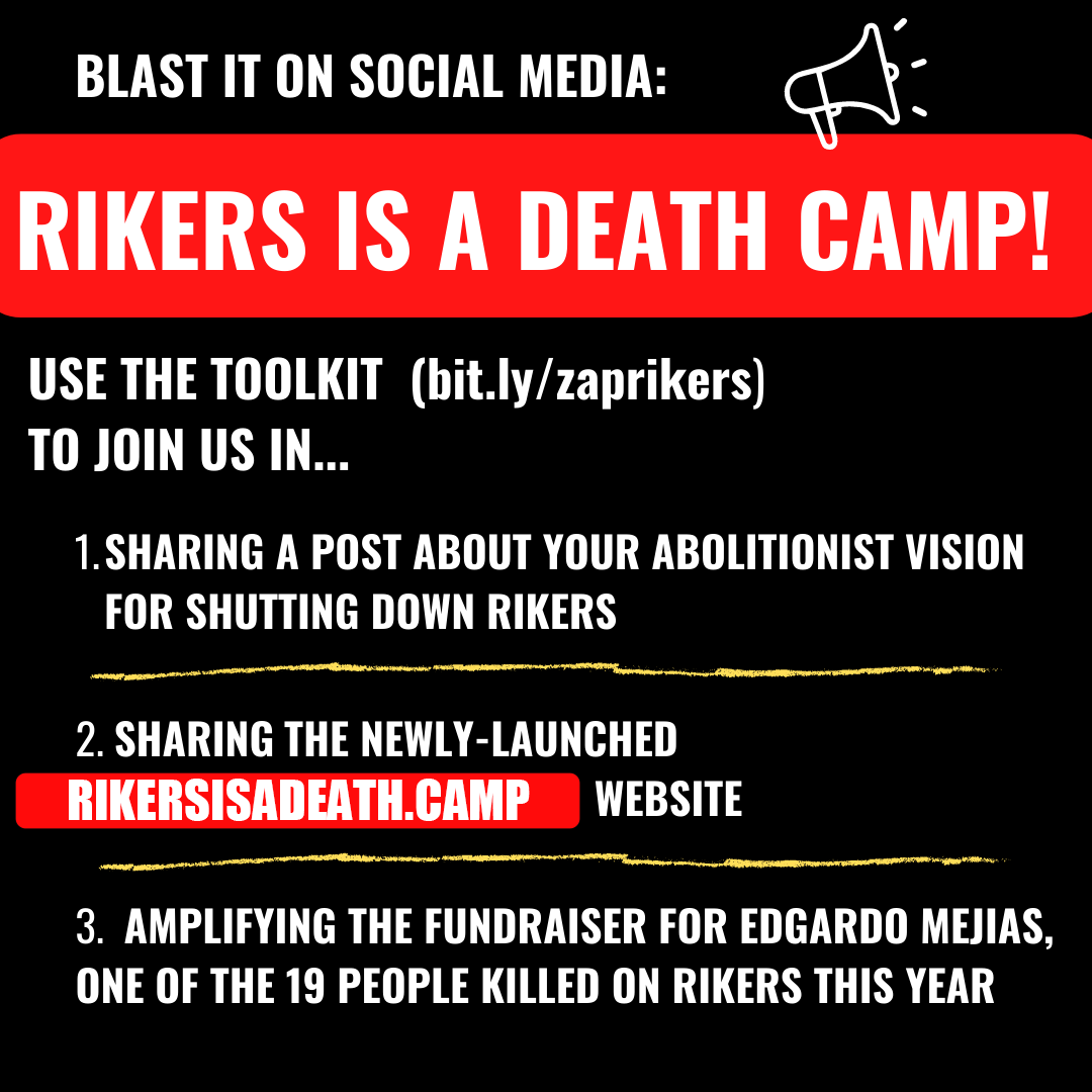Today the Week of Action to Close the Rikers Island Death Camp begins with the public launch of rikersisadeath.camp, an online memorial to ensure those whose lives were taken by <a href="/CorrectionNYC/">New York City Department of Correction</a> are never forgotten + to demand that #NYC #ShutDownRikers #ClosetheDeathCamps NOW.