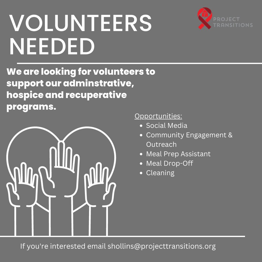 ProjTransitions's tweet image. We are looking for dedicated volunteers this year! There are several volunteer opportunties in 2023, and would love for you to join us!

If you're interested in any of these opportunities, please email Shelby at shollins@projecttransitions.org