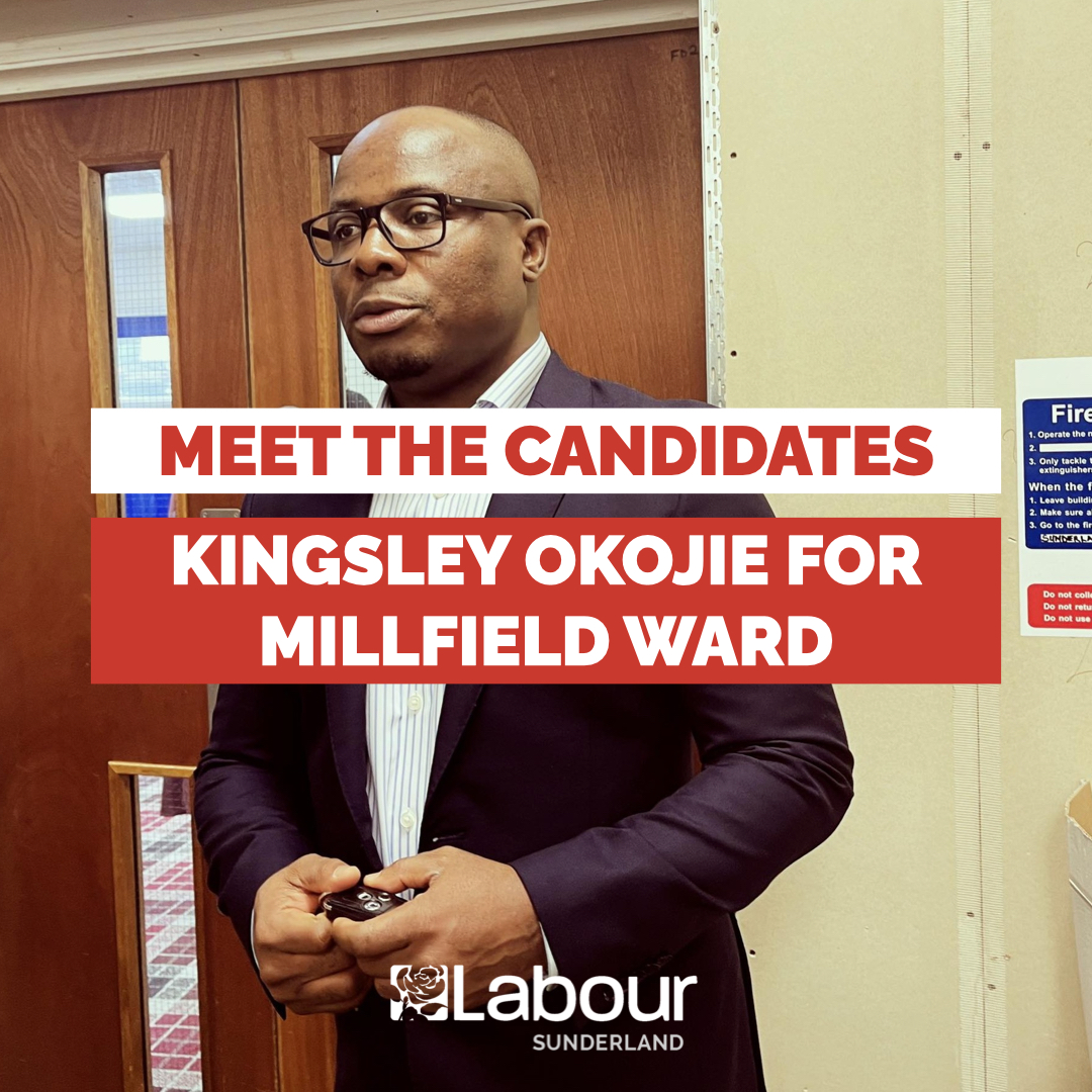 SunderlandLab's tweet photo. We are delighted to announce that Kingsley Okojie will be standing for @MillfieldLabour in May's local elections! 🌹

As well as living in the Ward, he also...

🚑 Works for the NHS
🤝 And volunteers for various local community groups.

Vote @OneLuv_1 for a better Millfield 🌹 🗳 https://t.co/ogsYPwgTFy