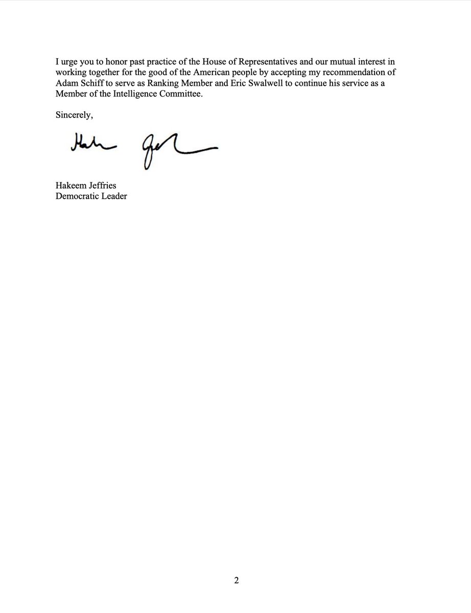 SenAdamSchiff's tweet image. Proud to be nominated by @RepJeffries as the top Dem on the Intel Committee.

McCarthy’s threat to remove me — to placate his right-wing — will damage the committee’s independence. 

Along with his committee on conspiracy theories, he is doing grave damage to national security.