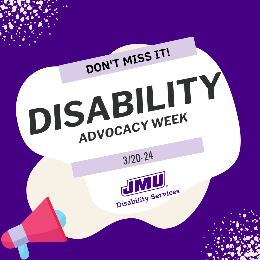 SAVE THE DATE FOR DISABILITY ADVOCACY WEEK MARCH 20-24! WE HOPE TO SEE YOU THERE!

jmu.edu/ods/daw/index.…

#disabilityweek #disabilitymonth #disabilityadvocacyweek #DisabilityAdvocacy #disabilityinclusion #disabilityawareness #disabilitypride #DisabilityRights
