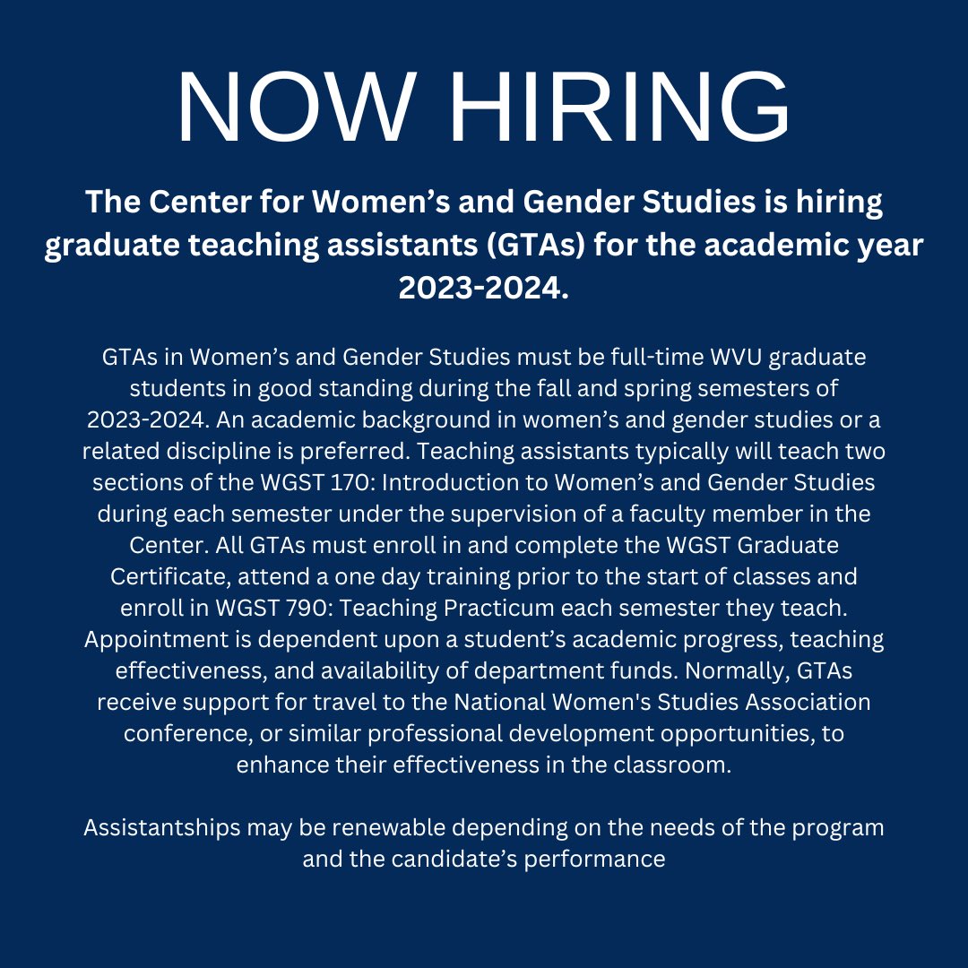 WVU_WGST's tweet photo. WGST is hiring several GTA’s for the 2023-2024 academic year! For more info check out these infographics! https://t.co/ySRassdvN2