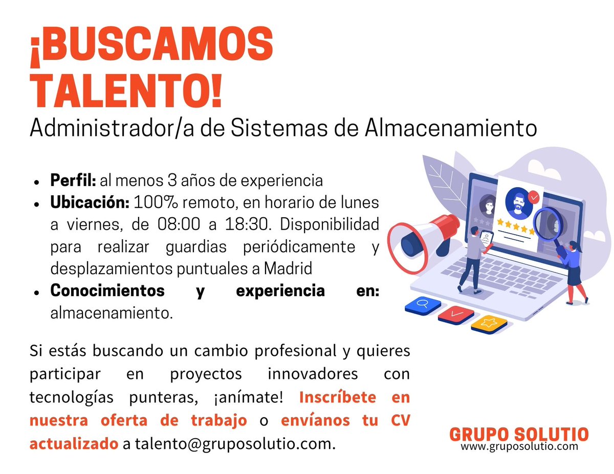 Grupo_Solutio's tweet image. Seleccionamos, para trabajar con nosotros en remoto, a un/a Administrador/a de Sistemas de Almacenamiento L2.
➡Aplica aquí: bit.ly/3kEejgA
➡Envíanos tu CV a talento@gruposolutio.com
#SolutioTalent #storageadmin #storageadministrator #storemanagement #ITjobs