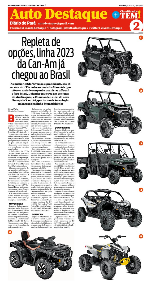 AutoDestaque's tweet photo. Caderno Auto Destaque do jornal Diário do Pará de 15/01/2023 #AutoDestaque #DiárioDoPará #DirectJet #CanAm #CanAm2023 #dicasautomotivas #moto #motocicleta #capacete #carroeletrico #viagem #revisaoautomotiva #manutençãoautomotiva #cabodeignição #férias #carroparado #IPVA #IPVA2023 https://t.co/NFQe2Cnnec