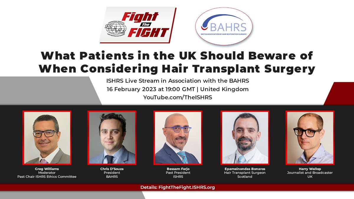 ISHRS's tweet photo. Save the date! 16 February 2023 - #ISHRS Patient Educational Live Stream in collaboration with the 
@BahrsUK. Moderator: @Drgregwilliams Panelists: 
@hwallop @BessamFarjo @DrBonaros  &amp; Dr. D'Souza Details:https://t.co/knioQXqtkw #ngo #nonprofit https://t.co/5fGbPNkeRz