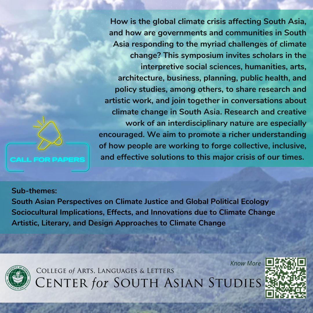 UHCSAS's tweet photo. 📢 Call for papers! Deadline approaching!
Center for South Asian Studies Spring Symposium 2023: *Climate Change and South Asia* call for papers approaching the deadline.

More information: https://t.co/bkLv7orj2l

#southasia #cfp #symposium #callforpapers #climate #climatechange https://t.co/ajayc3Iyv6