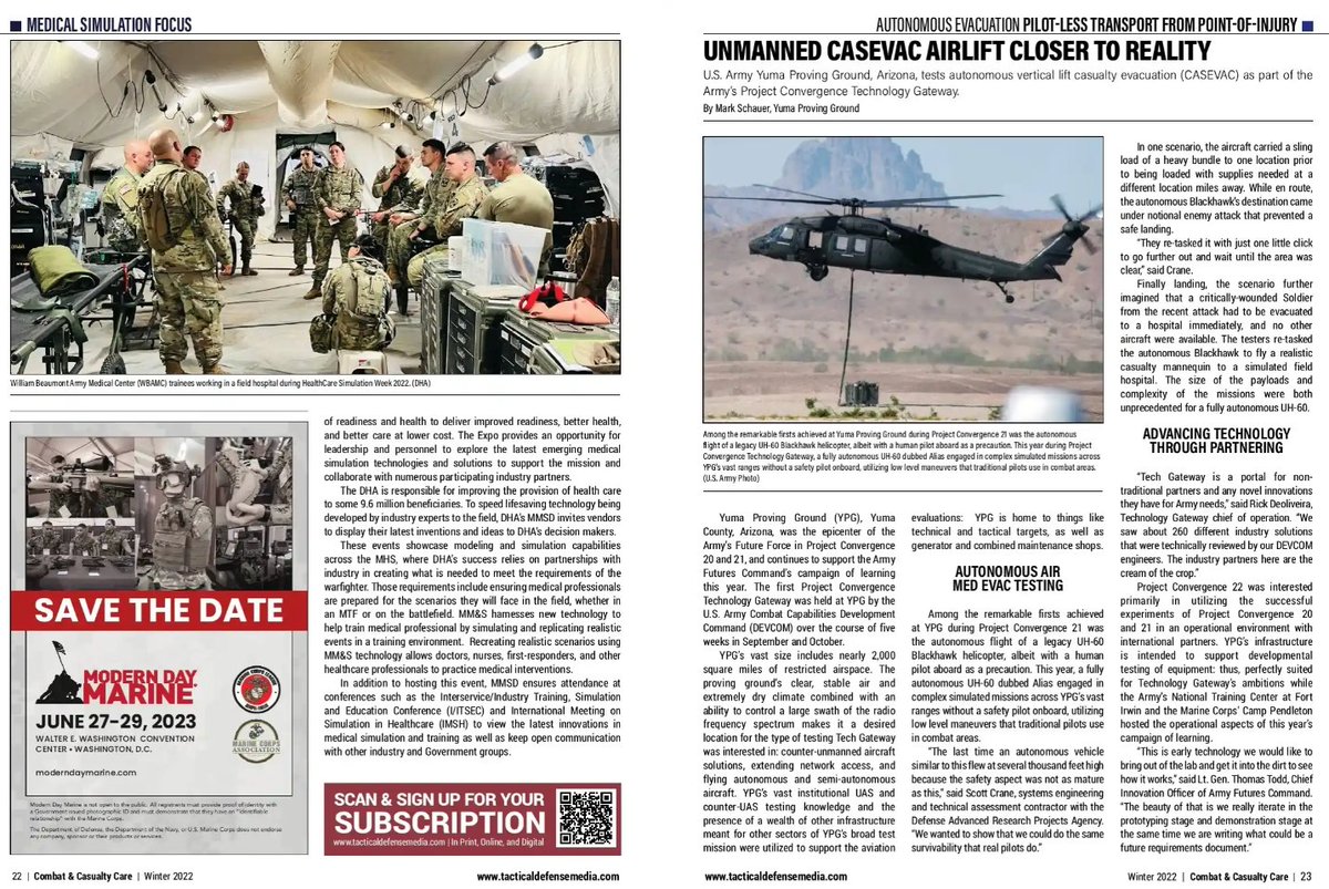 The TATRC (@thetatrc) on Twitter photo "This year, a fully autonomous UH-60 dubbed Alias engaged in complex simulated missions across vast ranges without a safety pilot onboard, utilizing low level maneuvers that traditional pilots use in combat areas."
From <a href="/TacDefMedia/">Tactical Defense Media</a> #innovation #AI
lsc-pagepro.mydigitalpublication.com/publication/?m⦠"This year, a fully autonomous UH-60 dubbed Alias engaged in complex simulated missions across vast ranges without a safety pilot onboard, utilizing low level maneuvers that traditional pilots use in combat areas."
From <a href="/TacDefMedia/">Tactical Defense Media</a> #innovation #AI
lsc-pagepro.mydigitalpublication.com/publication/?mā¦