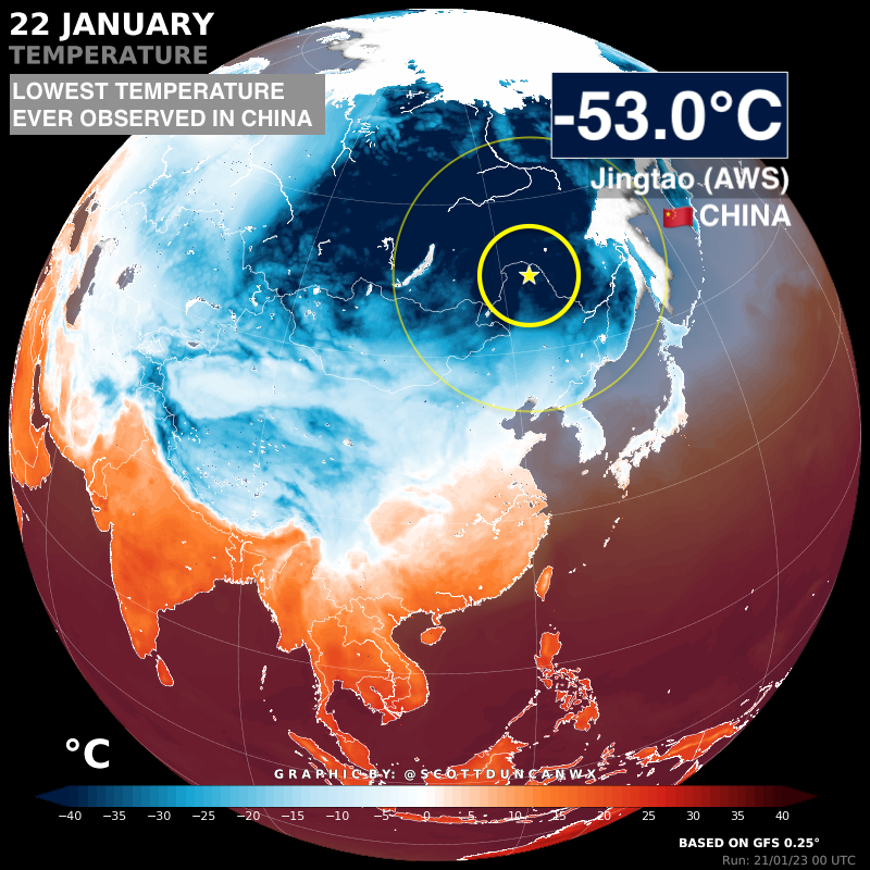 ScottDuncanWX's tweet photo. Rare and extremely impressive cold in China 🇨🇳 right now. Jingtao AWS just broke the all-time national cold record for China with an astonishing -53.0°C (-63.4°F).

Previous cold record stood at -52.3°C since 13 February 1969. https://t.co/bbVh103xKW