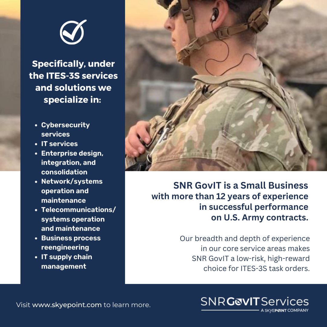 #SkyePoint's recent addition of the Army’s ITES-3S contract thru our acquisition of #SNRGovIT, has incorporated the cap &amp; exp of both co's' exp in the areas of #Cybersecurity &amp; Info Assurance. bit.ly/3AupT2U  

#DOD #GovIT #ITES3S #Armycyber #RS3 #PEOEIS